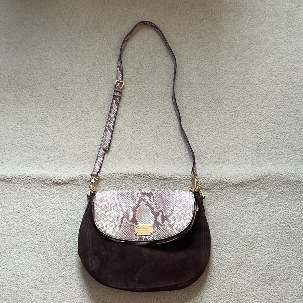 Michael Kors Embossed Python Brown Suede Shoulder… - image 7